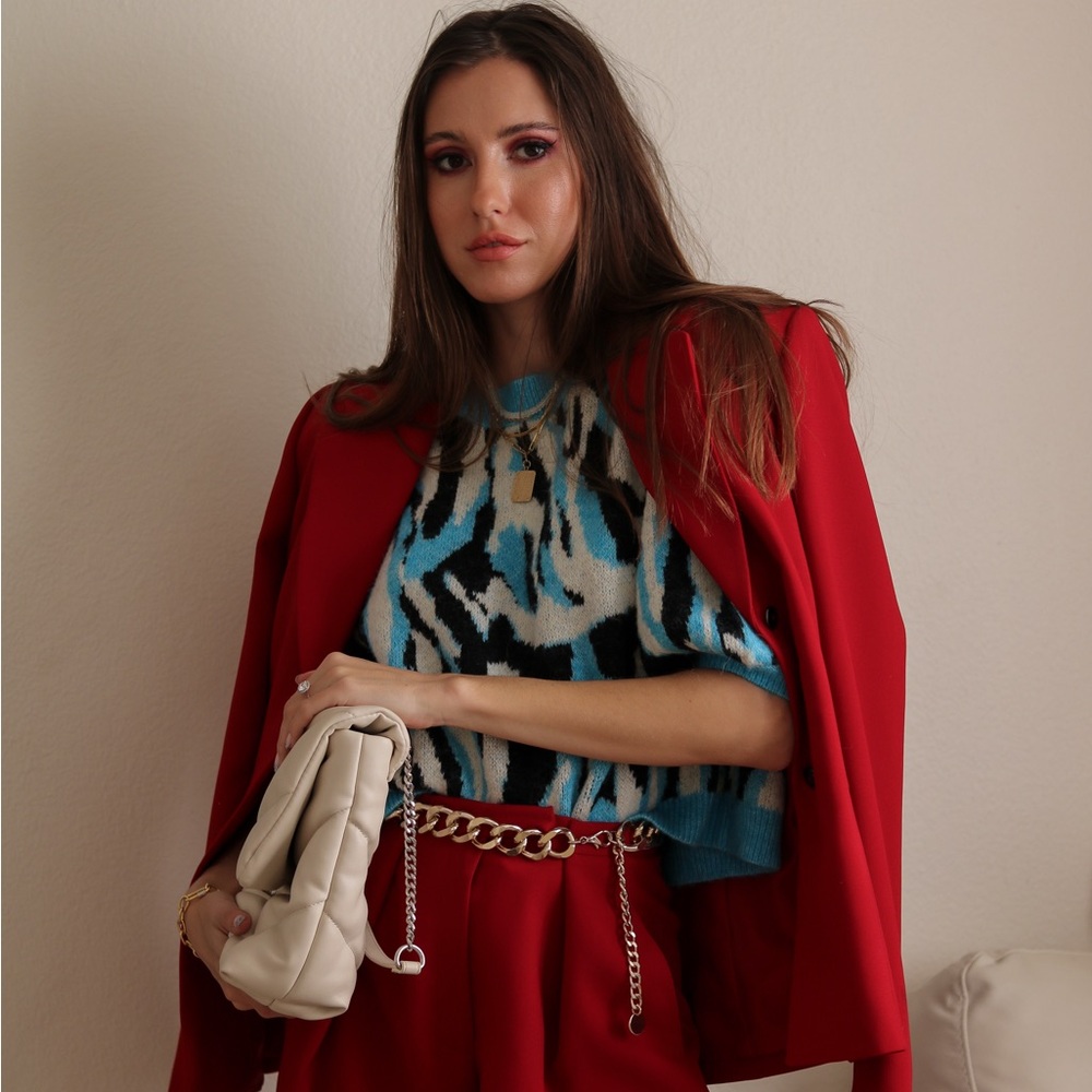 Blue zebra print short sleeve sweater NWT